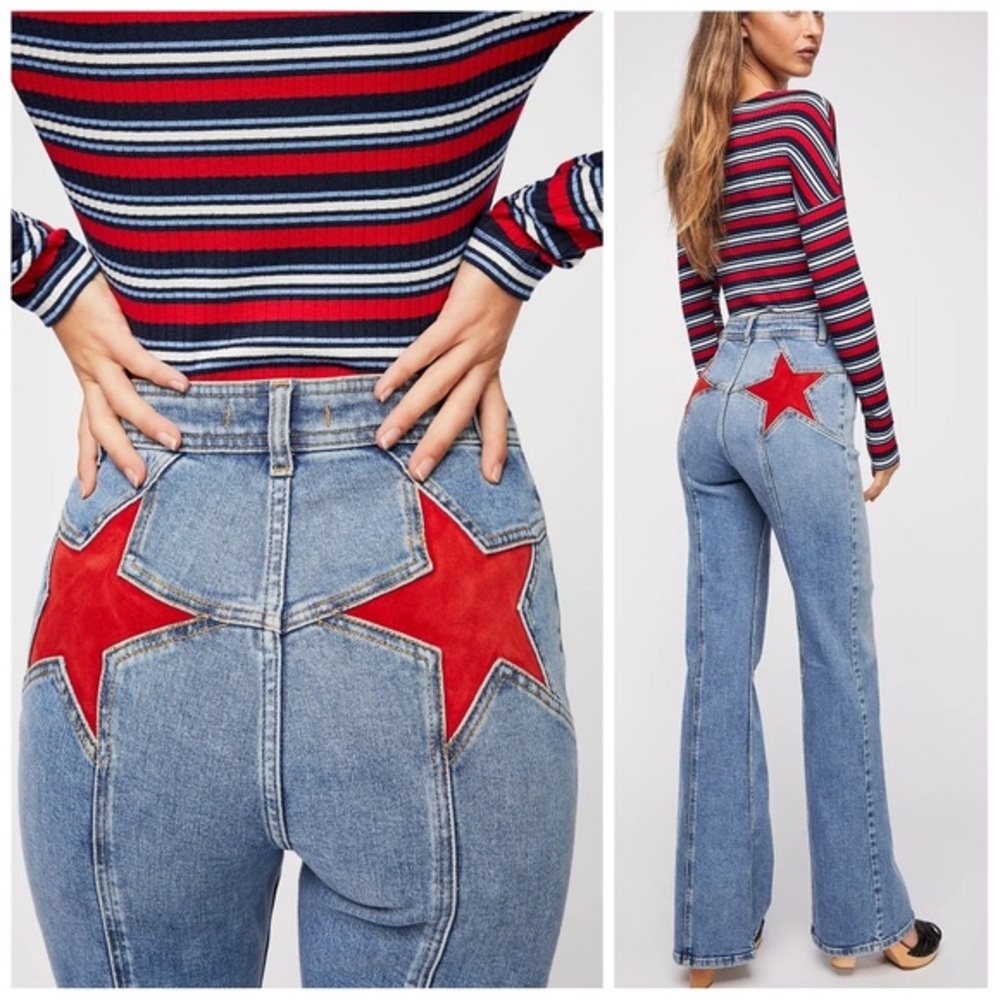 Free People Firecracker Flare Jeans with red stars